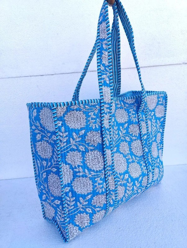 Indian Turquoise Floral Print Quilted Shoulder Bag Women’s Beach Cotton Handbag