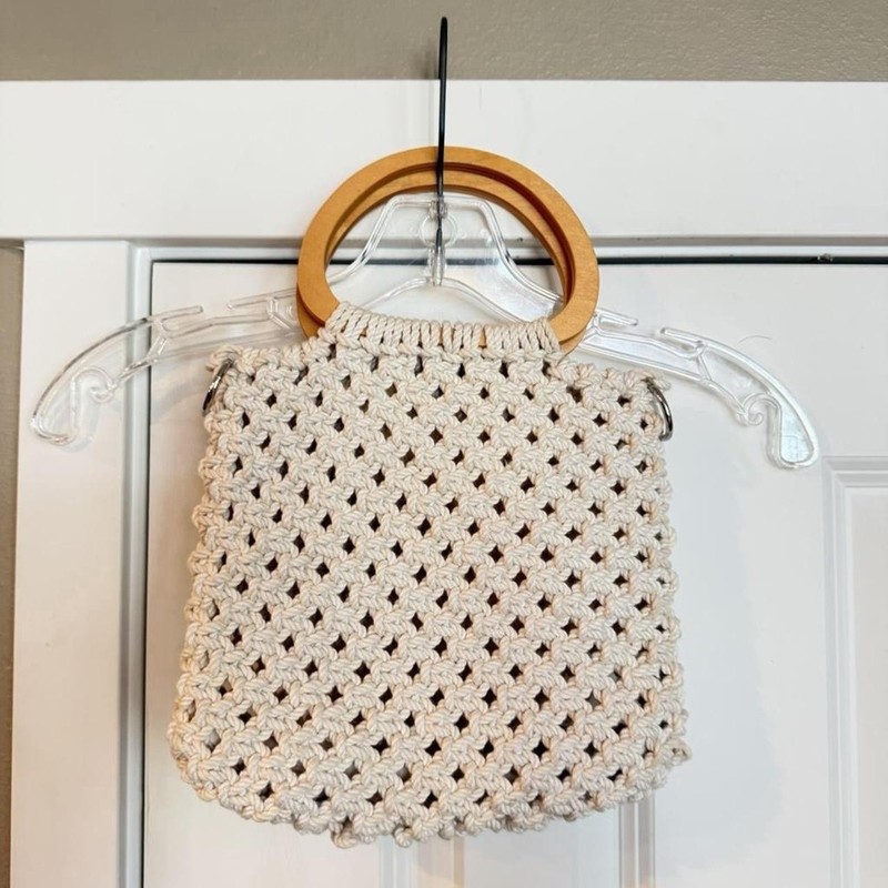 Beige Crochet Small Top Handle Bag Wooden Handle Lightweight Boho Women