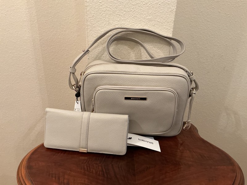 NWT Brahmin Shea Crossbody Latte Velouria Light Gray & Matching Ady Wallet