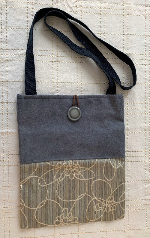 Blue Gray Fabric Crossbody Purse BOHO Hook & Loop + Button Closure 10 x 13 EUC