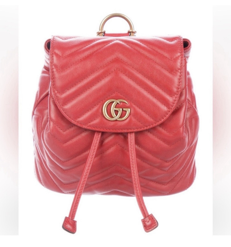 Gucci Marmont Red Chevron Quilted GG Logo Drawstring Backpack Gold Hardware