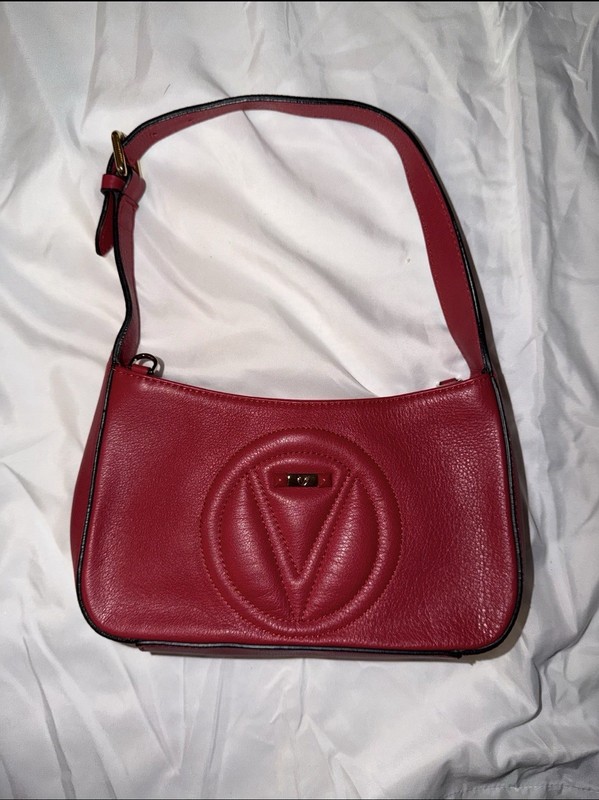 Valentino Red VLogo Pebbled Small Crescent Shoulder Bag Zip Adjustable Strap