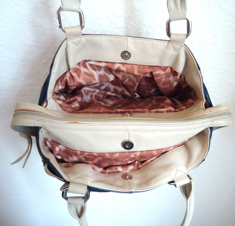 B Makowsky Women's Blue White Leather Shoulder Double Strap Handbag 14x9x5 in gallery