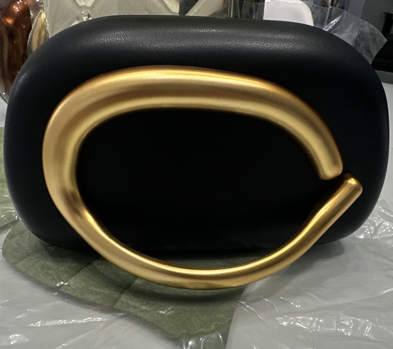 Women’s Black Oval Clutch, Gold-Tone Metal Top Handle, Detachable Strap