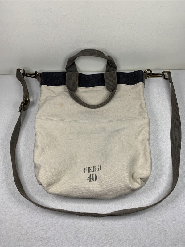 FEED 40 Beige & Blue Canvas 15” x 12” Bag & 4’ Crossbody Strap Magnetic Closure