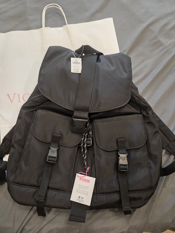 Victoria’s Secret Pink Nylon Cargo Backpack Book Bag Travel Tote Black
