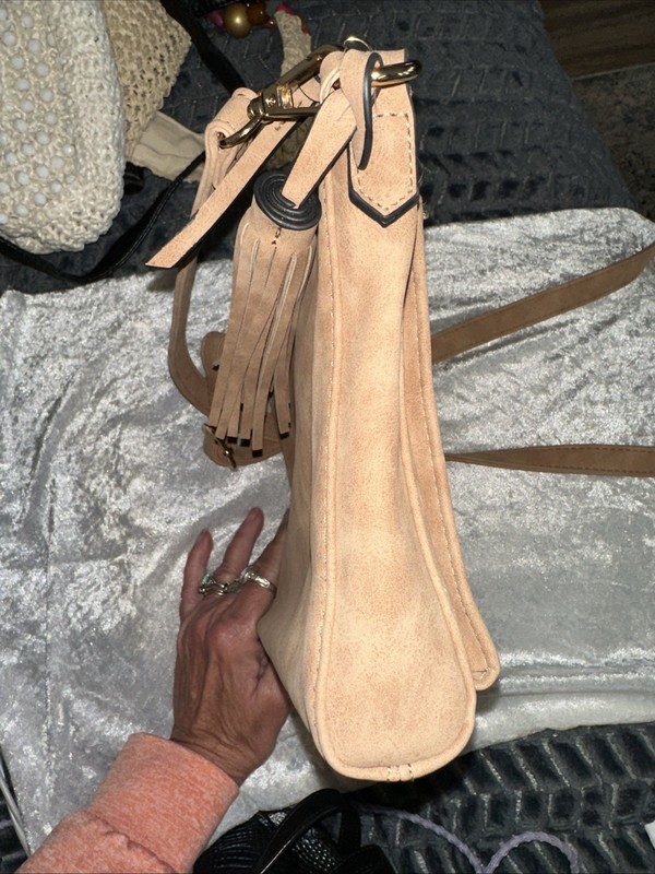 Vintage Crossbody Faux Suede Tan With Pockets, Tassel Adjustable StrapGold Studs gallery
