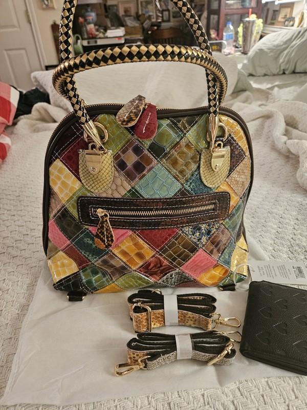 NEW Multi-Color Leather Croco Stitch Satchel Handbag Tote Shldr Bag w/Wallet gallery