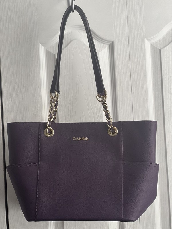 Calvin Klein Leather Large Gold Chain Handle  Shoulder Bag Purse, Wine/Burgandy