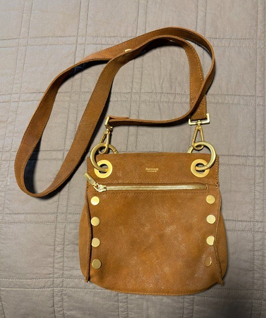 Hammitt Womens Tony Small Tan/Gold Shimmer Suede Brushed Metal Leather Bag