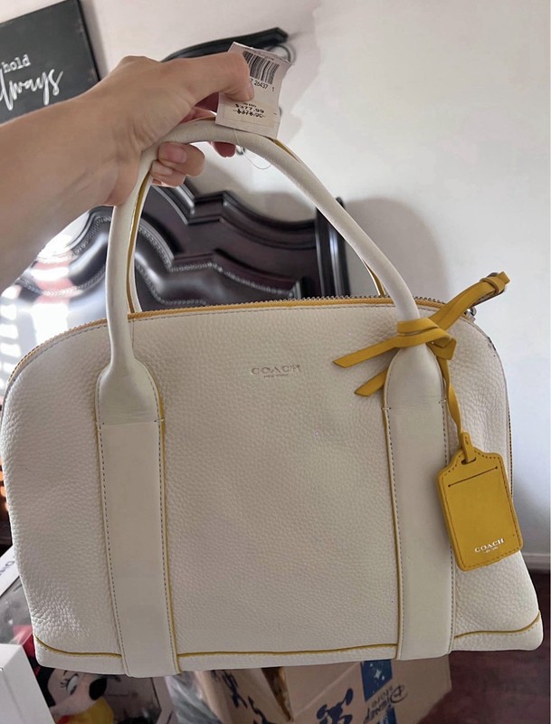 Coach White Yellow Trim Satchel Top Handle Zip Bag Charm Silver Hardware