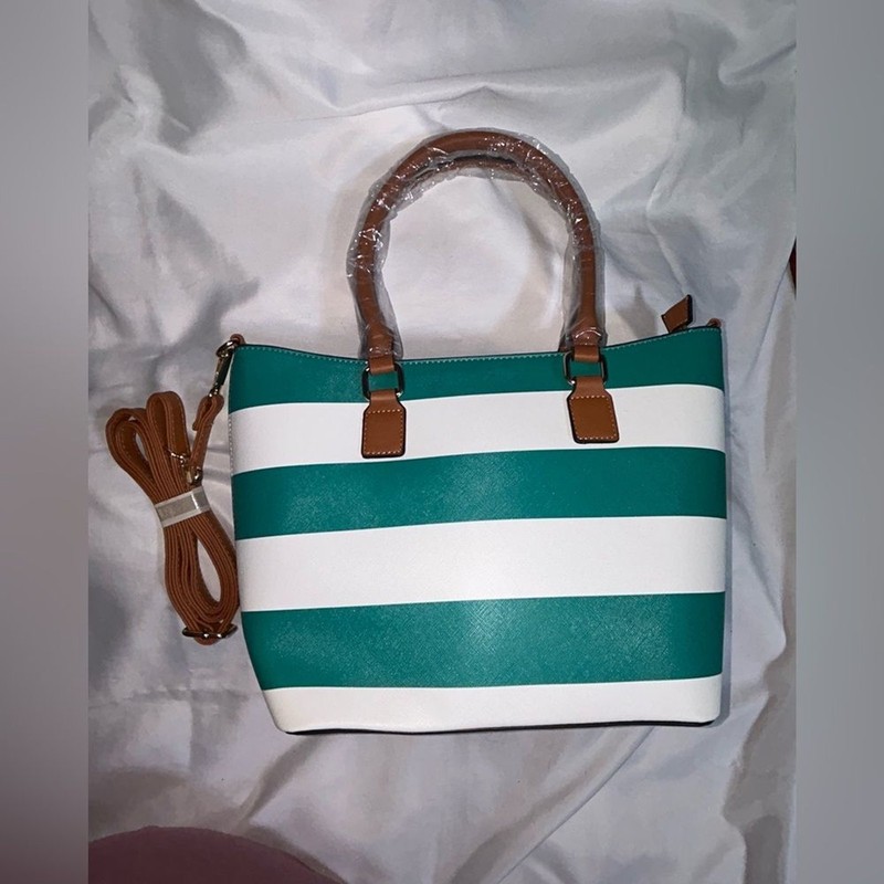 Crossbody Purse Teal and White Striped Handbag/Tote with Crossbody Strap NWOT