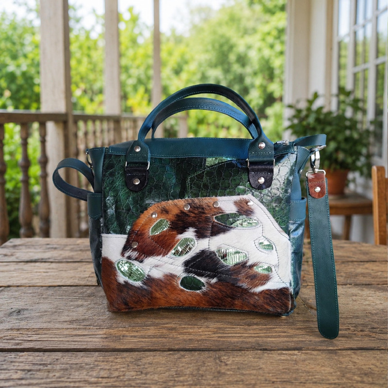 GREEN CROCO LEATHER SHOULDER BAG,WESTERN STYLE HAIR ON LEATHER PURSE,HAND BAG