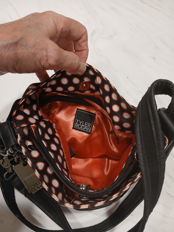 Tyler Rodan Crossbody Handbag, silky quilted black with pink/white polka dots gallery