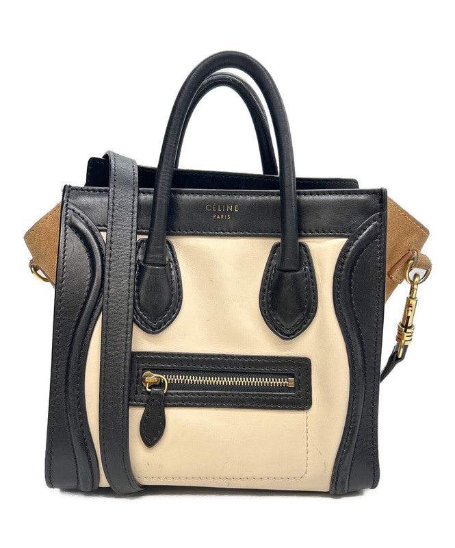 CELINE Luggage Nano Shopper 2Way Hand Bag Leather Canvas Beige USED from JP #TK