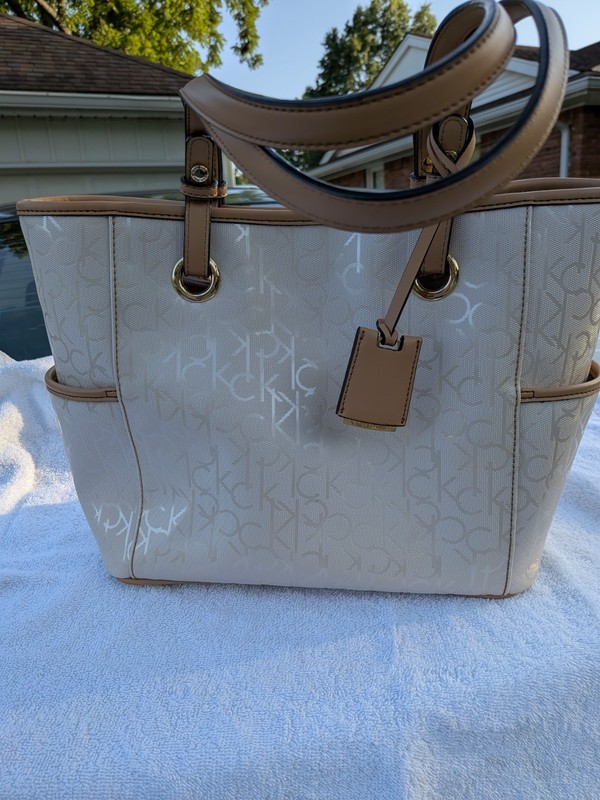 Calvin Klein Beige Monogram Tote Bag Zip Top Gold Hardware Tan Double Handles gallery