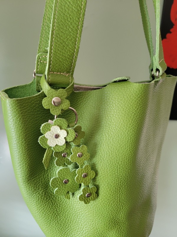 Cream Company Green Pebbled Tote Bag - Snap Closure, Floral Charm, Pockets gallery