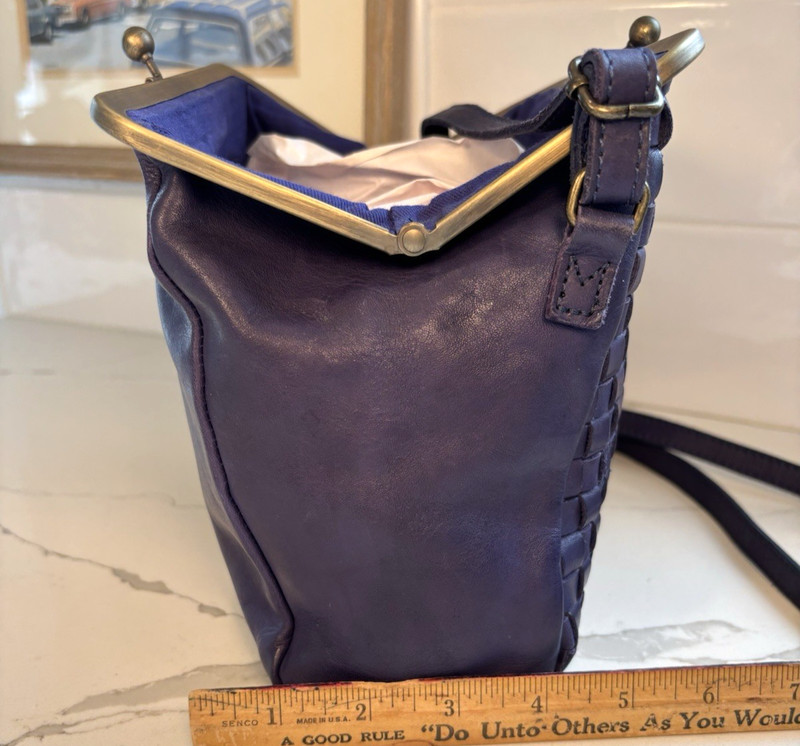 Biba Purple Leather Crossbody Handbag Pockets Cotton Lined Made in Spain 11"W gallery