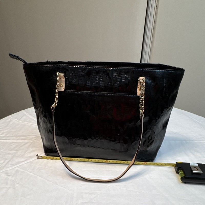 Michael Kors Black Logo Tote Bag Zip Top Lined Inner Pockets Gold Chain Strap