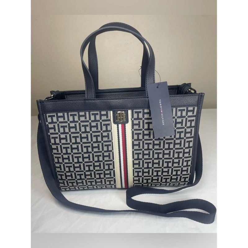 Tommy Hilfiger Navy, White & Red Logo Jacquard Tote with Shoulder Strap