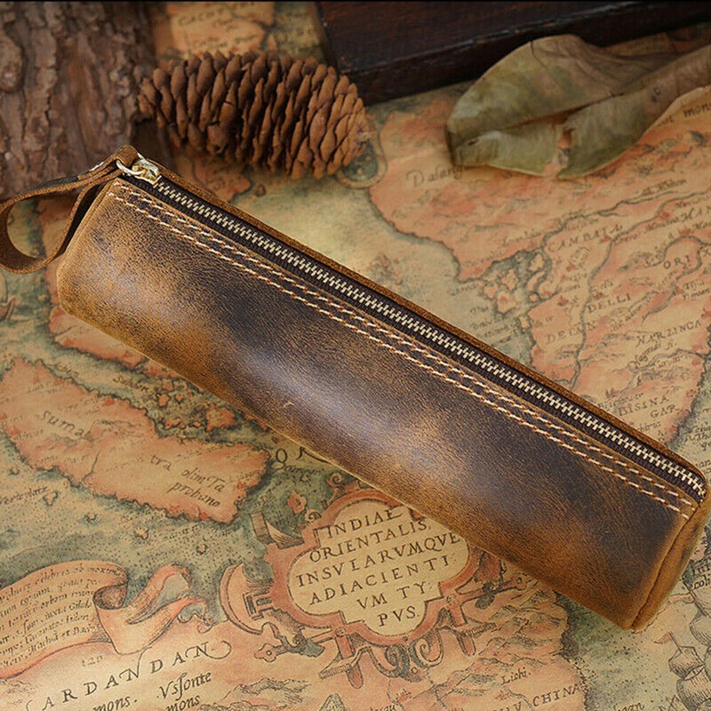 Retro Cowhide Leather Pen Pouch Zipper Pencil Case Stationery Storage Pen Bag