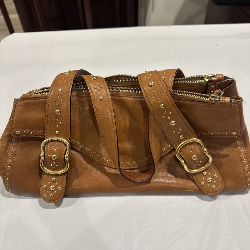 Michael Kors Brown Leather Shoulder Bag With Gold Studs And Buckles