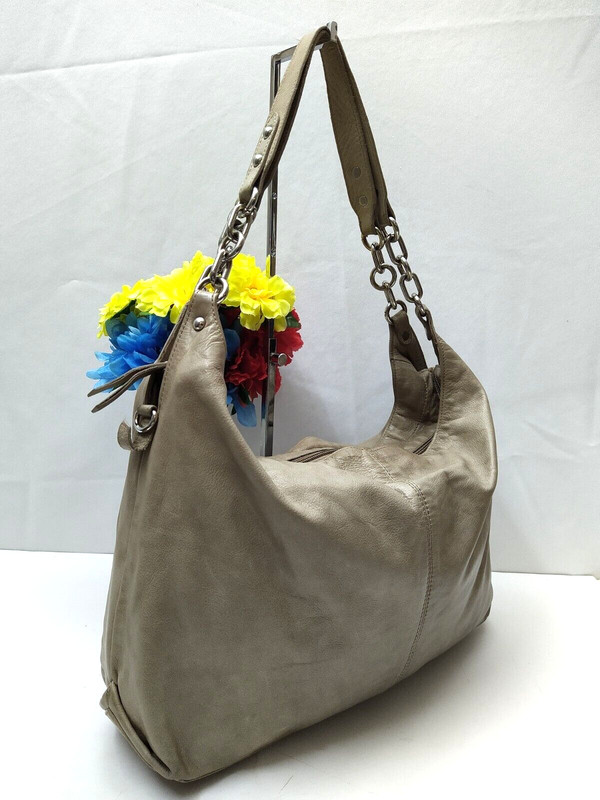 Marzia Gray Leather Chain Strap Zipper Closure Hobo Shoulder Bag - Made in Italy gallery