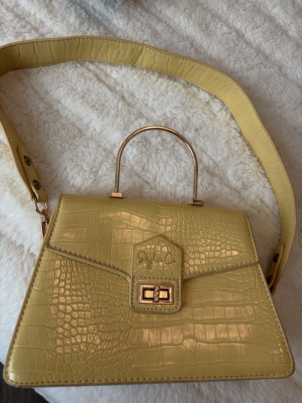 Women’s Yellow Crocodile Embossed Small Satchel Top Handle Turn Lock, Strap