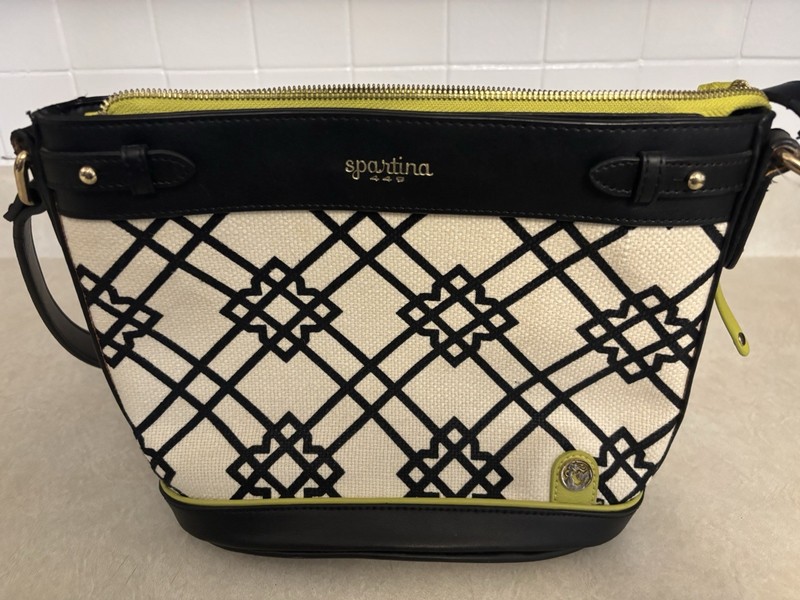 Spartina 449 Geometric Zip Top Crossbody Bag Adjustable Strap Black White Green