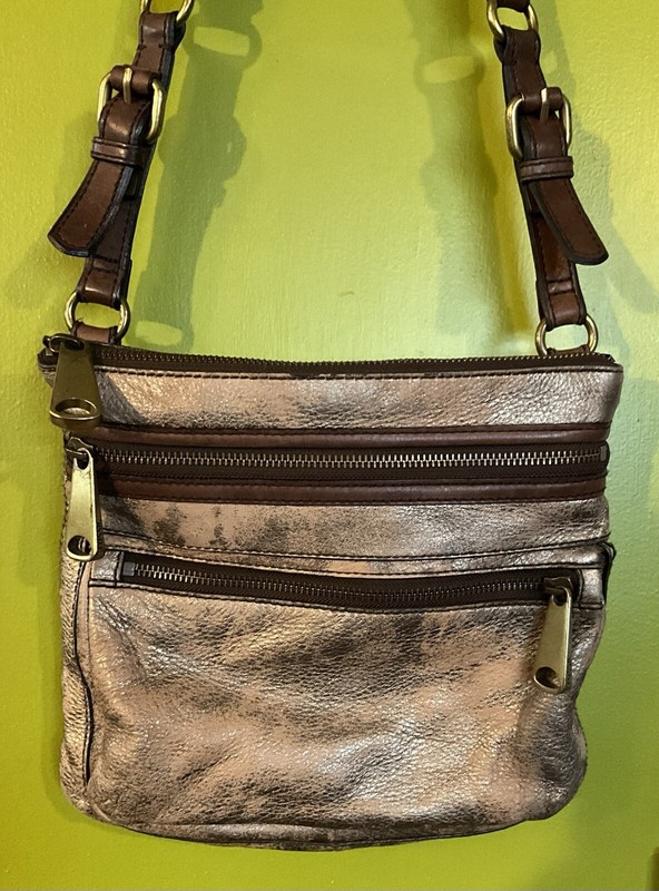 Authentic FOSSIL Purse Explorer Antiqued Distressed Gold Leather Crossbody Boho