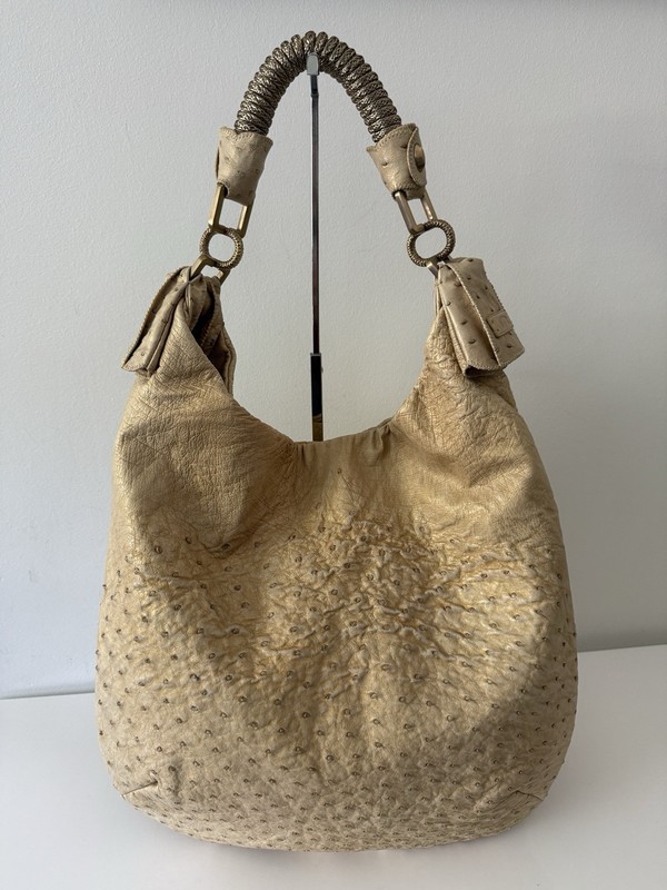NUTI Ostrich Hobo Shoulder Bag Handbag, Pale Yellow/Gold