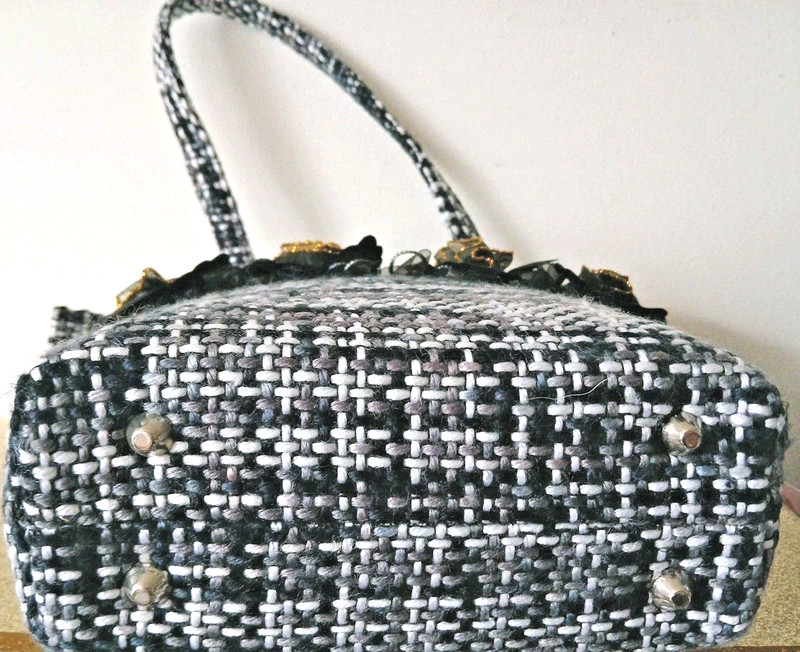 NOS Bag Purse Ruffled Rose Black White Fabric Handle Ribbon 2 Pockets Zipper Tag gallery