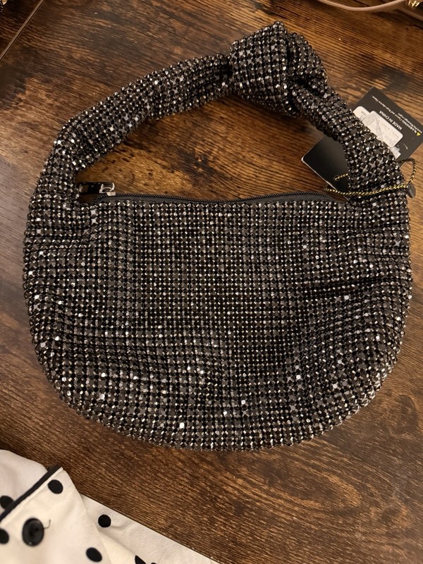 Swarovski rhinestone Black Top Handle Bag . Small Crescent Party Formal