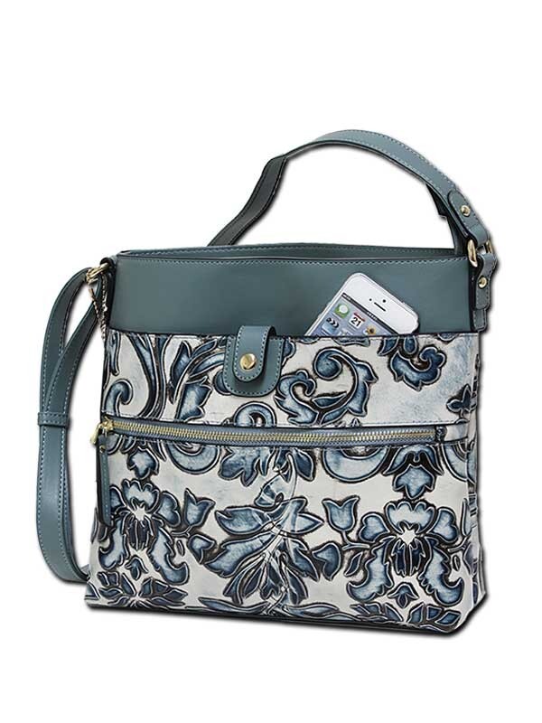 Mirabelle Tooled Embossed Leather Crossbody Bag in Muted Turquoise + Soft White