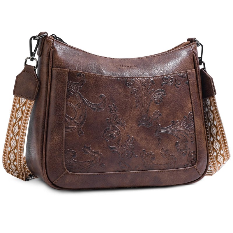 Vegan Leather Crossbody Bag Women Medium Embossed Flower Adjustable Strap Should
