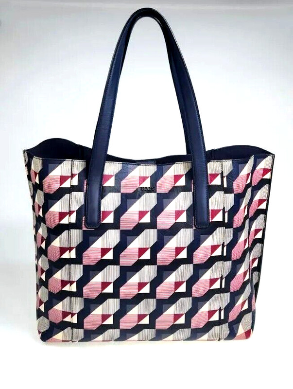 TOD’S GEOMETRIC 3D SHOPPER TOTE DOUBLE UP PRINT LEATHER BLUE HANDBAG TOTE EUC