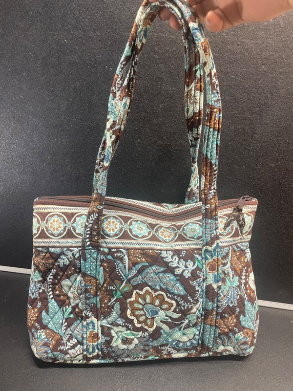 Vera Bradley Brown Blue Floral Print Large Tote Handbag 14″ x 8″ x 3 1/2″