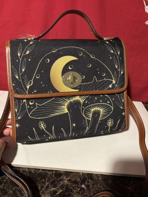 Forest Badger Canvas Satchel Bag Purse with a mushroom moon pattern