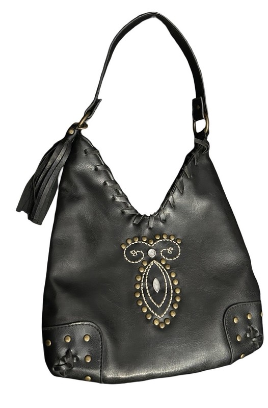 Mini Faux Leather Hobo Handbag Tote 10x9 Purse Fringe Charm Black Western Boho gallery