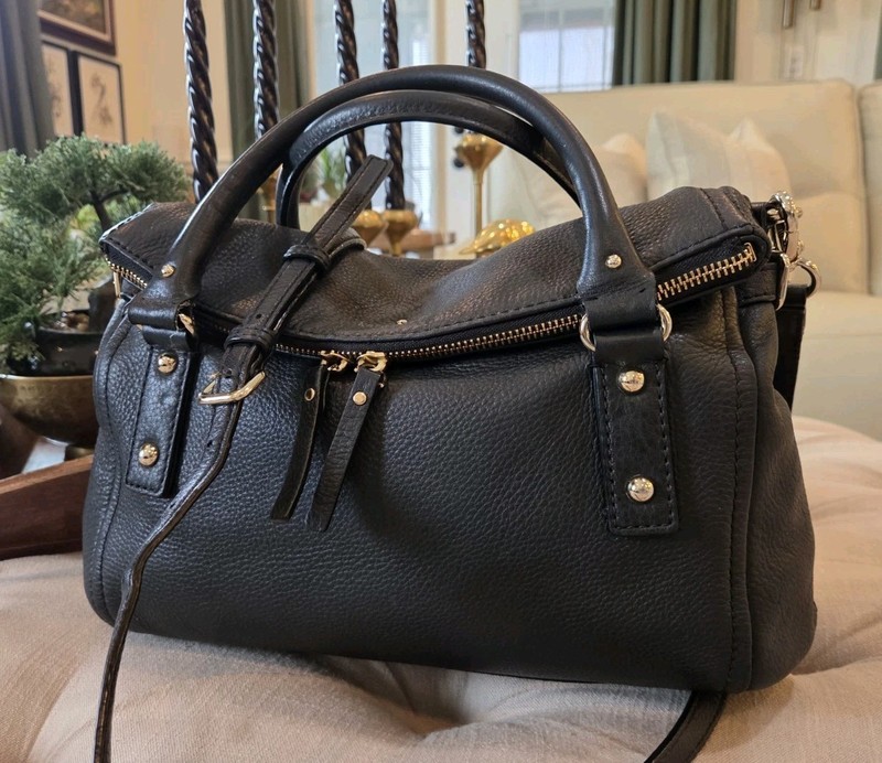 Kate Spade Cobble Hill Leslie Pebbled Leather Black Fold Over Bag Office Chic gallery