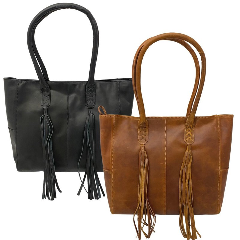Leather Tote Bag with Tassels – Black & Tan Shoulder Bag for Women