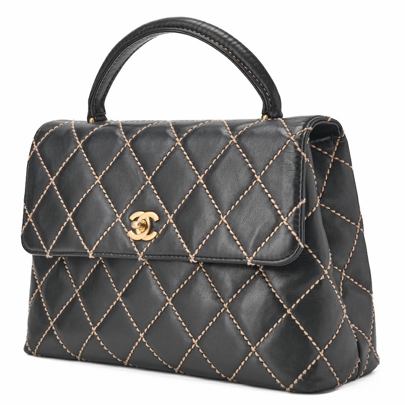 Chanel Coco Wild Stitch Turnlock Handbag Calfskin Black Tote Bag Tote High r15_0