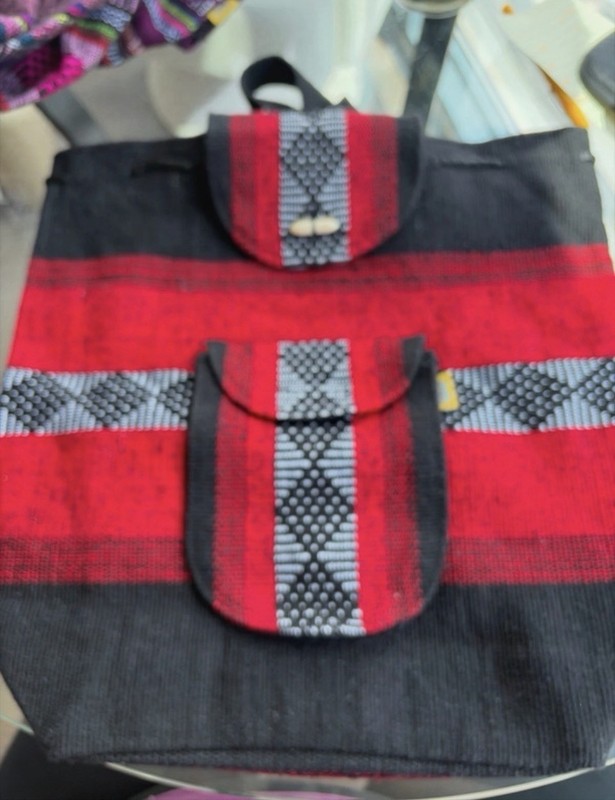 PIMIDA Red & Black Striped Tote Bag w/ Pockets, Button Closure, Top Handle