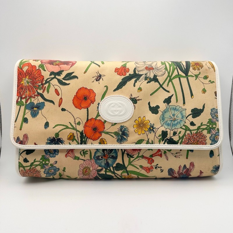 Gucci Vintage 80s Flora Flap Clutch Bag Ecru Canvas White Leather Trim READ