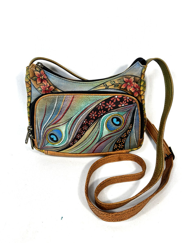 Anuschka Hand Painted Leather Crossbody Bag Purse Peacock Floral Boho Hippie