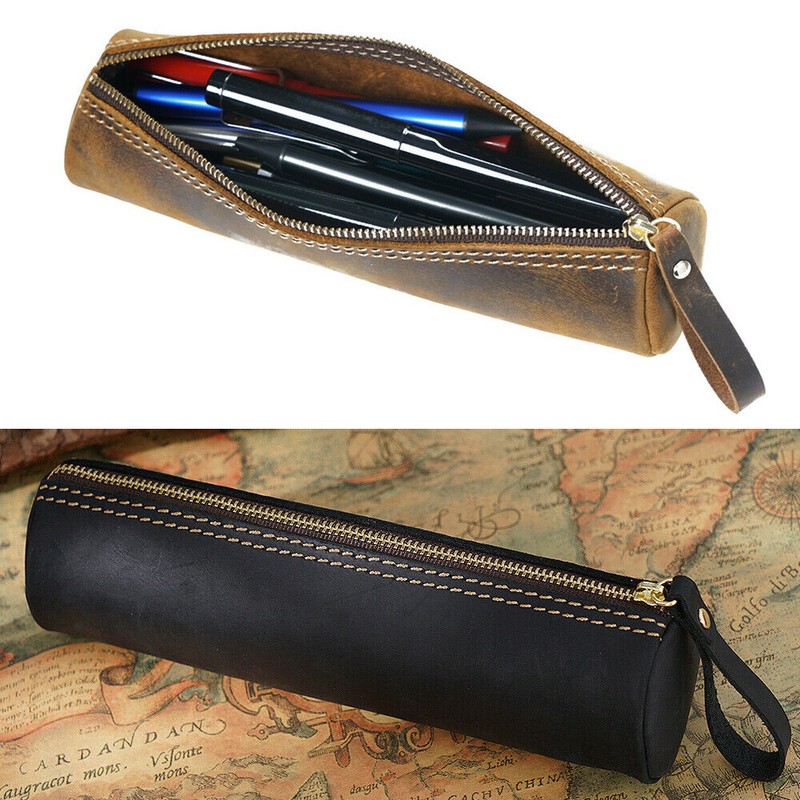 Retro Cowhide Leather Pen Pouch Zipper Pencil Case Stationery Storage Pen Bag gallery