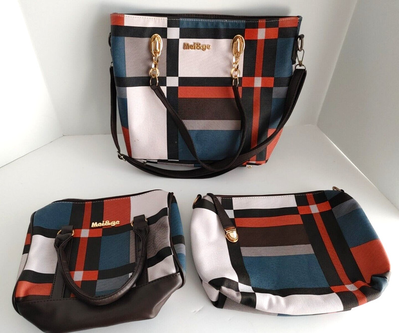 Mei&Ge 3 Piece Purse Bag Collection Multicolor Color Block Lg Med Sm #20054