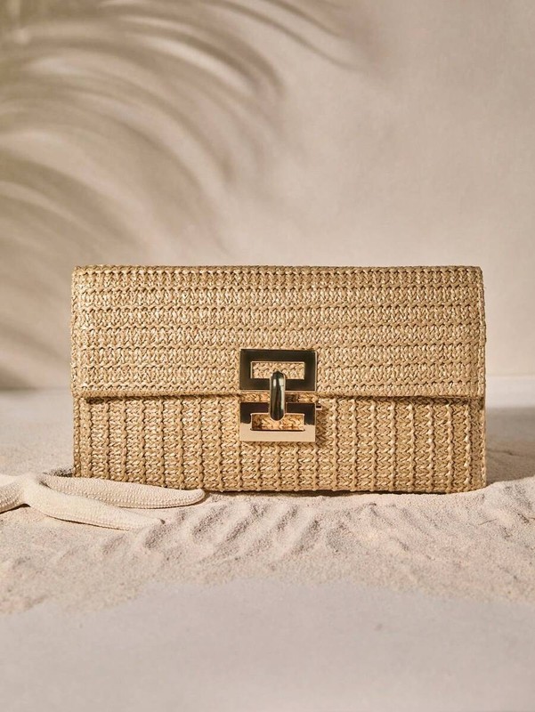 Woven Straw Flap Clutch Bag Medium Turn-Lock Chain Shoulder Purse Vacation