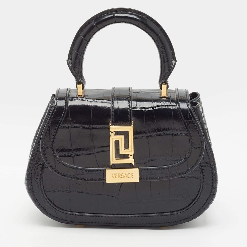 Versace Greca Goddess Black Croc Embossed Leather Top Handle Bag