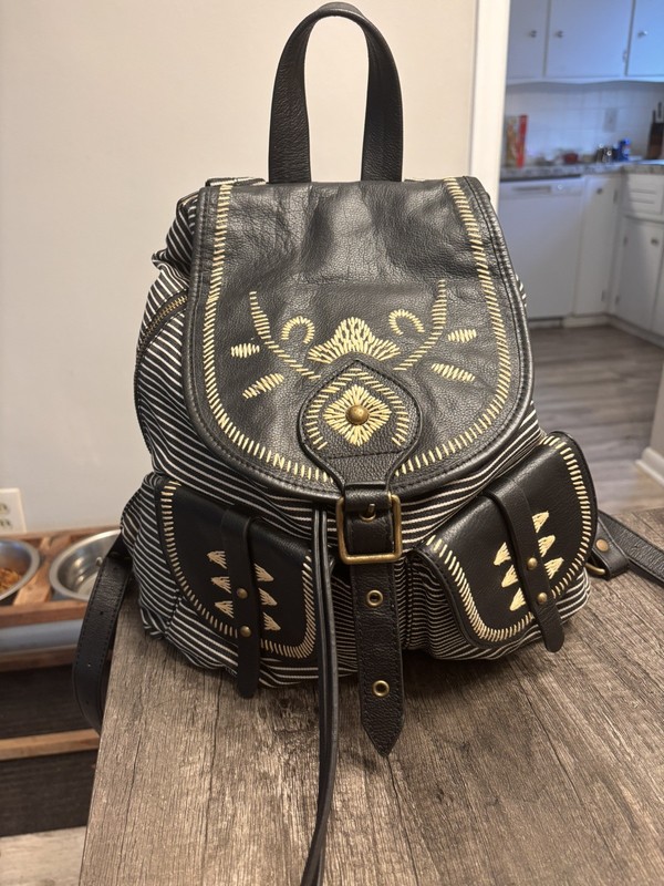 ISABELLA FIORE EL PASO BOHEMIAN EMBROIDERED CANVAS LEATHER BOHO STRIPED BACKPACK